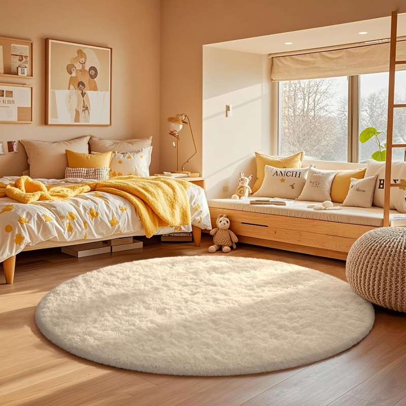Baby Nursery Rug - Alfombra redonda blanca crema, alfombra circular